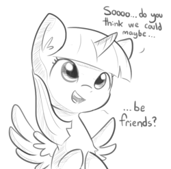 Size: 701x692 | Tagged: safe, artist:tjpones, imported from derpibooru, twilight sparkle, alicorn, pony, adorkable, adorkable twilight, bronybait, cute, dialogue, dork, female, grayscale, horn, monochrome, open mouth, princess of friendship, question mark, simple background, solo, spread wings, talking, tjpones is trying to murder us, twiabetes, twilight sparkle (alicorn), white background, wings