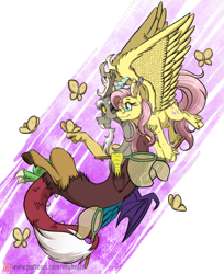 Size: 900x1101 | Tagged: safe, artist:inuhoshi-to-darkpen, imported from derpibooru, discord, fluttershy, draconequus, pegasus, pony, discordant harmony, butterfly net, discoshy, feathered fetlocks, female, male, mare, shipping, smiling, straight