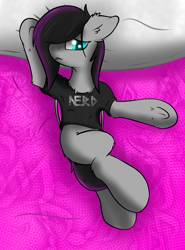 Size: 3000x4059 | Tagged: safe, artist:scarrly, imported from derpibooru, oc, oc only, oc:scarrly, bat pony, pony, clothes, female, fluffy, laying on bed, lying down, lying on bed, nerd, on back, shirt, solo, underhoof