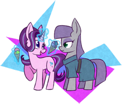 Size: 1024x864 | Tagged: safe, artist:woollily, imported from derpibooru, maud pie, starlight glimmer, earth pony, pony, unicorn, cute, duo, food, glimmerbetes, glowing horn, ice cream