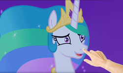 Size: 1212x720 | Tagged: safe, edit, imported from derpibooru, screencap, princess celestia, pony, a royal problem, boop, boop edit, bronybait, cute, cutelestia, female, hand, happy, mare, meta, night, open mouth, solo