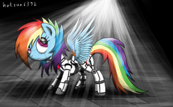 Size: 1280x788 | Tagged: safe, artist:livehotsun, imported from derpibooru, rainbow dash, pony, robot, robot pony, female, looking back, looking up, mare, multicolored hair, solo, sunlight