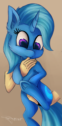 Size: 741x1504 | Tagged: safe, artist:ferasor, imported from derpibooru, trixie, human, pony, unicorn, female, frog (hoof), hand, holding a pony, mare, pony pet, simple background, underhoof