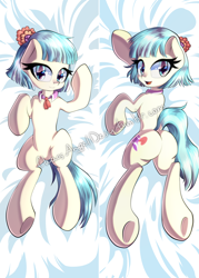 Size: 1000x1400 | Tagged: safe, artist:chaosangeldesu, imported from derpibooru, coco pommel, earth pony, pony, body pillow, body pillow design, butt, female, mare, on back, plot, solo, watermark