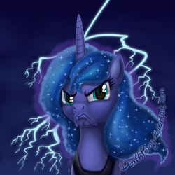 Size: 1024x1024 | Tagged: safe, artist:deathpwny, imported from derpibooru, princess luna, alicorn, pony, a royal problem, female, frown, grumpy, lightning, mare, solo