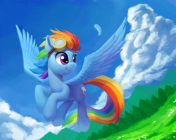 Size: 5000x4000 | Tagged: safe, artist:draconidsmxz, imported from derpibooru, rainbow dash, pegasus, pony, absurd resolution, cloud, cute, dashabetes, feather, female, flying, goggles, grass, mare, mountain, sky, smiling, solo, windswept mane