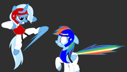 Size: 1748x1000 | Tagged: safe, imported from derpibooru, rainbow dash, trixie, pony, unicorn, angry, black belt, chest guard, clothes, dobok, female, gi, headgear, mare, pants, robe, scared, taekwondo, trousers