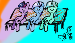 Size: 588x338 | Tagged: safe, artist:harcoal, imported from derpibooru, lyra heartstrings, minuette, twilight sparkle, alicorn, pony, bench, request, twilight sparkle (alicorn)