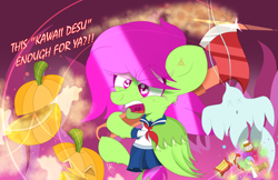 Size: 2700x1750 | Tagged: safe, artist:dannykay4561, imported from derpibooru, oc, oc only, oc:breeze skies, ghost, pegasus, pony, angry, anime, axe, candy, clothes, costume, dialogue, female, food, halloween, halloween costume, holiday, jack-o-lantern, mare, pumpkin, sailor uniform, school uniform, schoolgirl, skirt, solo, weapon, wings