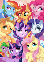 Size: 752x1062 | Tagged: safe, artist:dvixie, deleted from derpibooru, imported from derpibooru, applejack, fluttershy, pinkie pie, rainbow dash, rarity, spike, starlight glimmer, sunset shimmer, twilight sparkle, alicorn, dragon, earth pony, pegasus, pony, unicorn, applejack's hat, baby, baby dragon, cowboy hat, cute, cutie mark, dashabetes, diapinkes, ear fluff, female, freckles, friends, glimmerbetes, hair tie, hat, horn, jackabetes, looking at you, male, mane seven, mane six, mare, open mouth, raribetes, shimmerbetes, shyabetes, simple background, smiling, spikabetes, spread wings, stetson, twiabetes, twilight sparkle (alicorn), wings