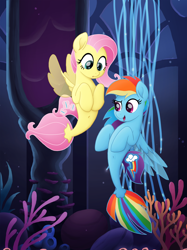 Size: 5099x6811 | Tagged: safe, artist:selenophile, edit, imported from derpibooru, fluttershy, rainbow dash, seapony (g4), my little pony: the movie, absurd resolution, belly button, movie accurate, poster, seaponified, seapony fluttershy, seapony rainbow dash, species swap