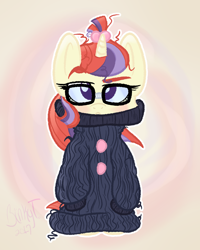 Size: 2000x2500 | Tagged: safe, artist:binkyt11, imported from derpibooru, moondancer, semi-anthro, unicorn, :<, blushing, clothes, cute, eyebrows, female, firealpaca, glasses, mare, oversized clothes, raised eyebrow, solo, sweater