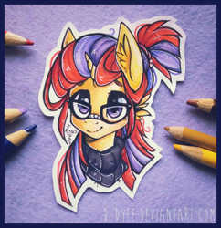 Size: 1222x1260 | Tagged: safe, artist:tay-niko-yanuciq, artist:tenebristayga, imported from derpibooru, moondancer, pony, unicorn, alternate hairstyle, cute, dancerbetes, ear fluff, female, glasses, mare, solo, traditional art