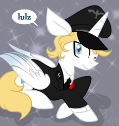 Size: 852x902 | Tagged: safe, artist:daisy-dictator, imported from derpibooru, oc, oc only, alicorn, pony, alicorn oc, alicornified, aryan pony, clothes, hat, lying down, male, nazi, one eye closed, race swap, schutzstaffel, solo, speech bubble, uniform, wink