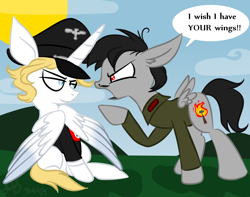 Size: 1060x836 | Tagged: safe, artist:daisy-dictator, imported from derpibooru, oc, oc only, alicorn, pegasus, pony, aryan pony, clothes, dialogue, hat, jealous, meadow, nazi, schutzstaffel, sitting, sun, uniform