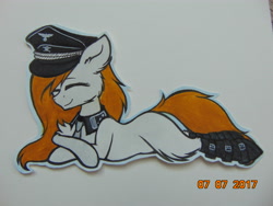 Size: 5152x3864 | Tagged: safe, artist:einzie, deleted from derpibooru, imported from derpibooru, oc, oc only, oc:vicky turner, pony, unicorn, aryan pony, boots, hat, lying down, nazi, shoes, smiling, solo, traditional art