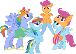 Size: 3562x2562 | Tagged: safe, artist:frownfactory, imported from derpibooru, bow hothoof, rainbow dash, scootaloo, windy whistles, pegasus, pony, parental glideance, .svg available, clothes, costume, female, filly, freckles, happy, hat, male, mare, rainbow dash's parents, scarf, scootalove, shirt, simple background, smiling, stallion, stubble, svg, transparent background, unshorn fetlocks, vector, wings