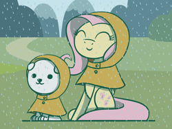 Size: 1800x1350 | Tagged: safe, artist:flutterluv, imported from derpibooru, fluttershy, dog, pegasus, pony, eyes closed, hood, rain, raincoat, smiling