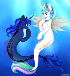 Size: 1993x2175 | Tagged: safe, artist:mailner, imported from derpibooru, princess celestia, princess luna, seapony (g4), my little pony: the movie, crown, cute, eyelashes, female, glow, glowing, horn, jewelry, looking at each other, magic, magic aura, necklace, ocean, present, regalia, sealestia, seaponified, seapony celestia, seapony luna, sisters, smiling, species swap, tail, underwater, water