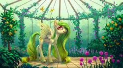 Size: 2953x1631 | Tagged: safe, artist:holivi, imported from derpibooru, oc, oc only, oc:lemony light, bird, pegasus, pony, commission, female, flower, food, grapes, grapevine, greenhouse, image macro, lemon tree, looking up, mare, meme, smiling, solo, tree, unshorn fetlocks