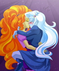 Size: 3076x3682 | Tagged: safe, artist:shinta-girl, imported from derpibooru, adagio dazzle, trixie, equestria girls, rainbow rocks, blushing, commission, couple, duo, eyes closed, female, kiss on the lips, kissing, lesbian, shipping, triagio