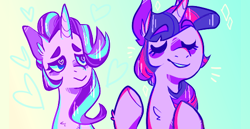 Size: 540x278 | Tagged: safe, artist:canterlotboutique, imported from derpibooru, starlight glimmer, twilight sparkle, pony, unicorn, the crystalling, cute, eyes closed, female, glimmerbetes, heart, heart eyes, lesbian, mare, scene interpretation, shipping, twistarlight, wingding eyes