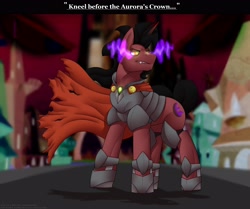 Size: 4000x3341 | Tagged: safe, artist:nolollygagging, imported from derpibooru, oc, oc only, oc:crimson crescent, pony, armor, crystal empire, dark magic, fangs, magic, male, solo, sombra eyes