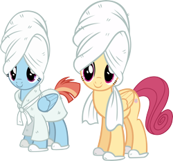 Size: 5750x5359 | Tagged: safe, artist:ironm17, imported from derpibooru, posey shy, windy whistles, pegasus, pony, absurd resolution, bathrobe, clothes, duo, duo female, female, mare, simple background, slippers, smiling, towel, transparent background, vector