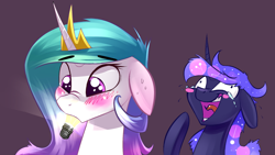 Size: 1920x1080 | Tagged: safe, artist:underpable, imported from derpibooru, princess celestia, princess luna, alicorn, pony, blushing, crown, crying, cute, cutelestia, duo, female, floppy ears, jewelry, laughing, lightbulb, mare, nose wrinkle, regalia, royal sisters, sillestia, silly, silly pony, sweat, tabun art-battle, tears of laughter