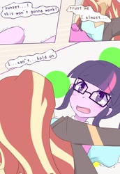 Size: 826x1200 | Tagged: safe, artist:yuck, imported from derpibooru, sci-twi, sunset shimmer, twilight sparkle, equestria girls, blushing, colored pupils, comic, dialogue, female, glasses, lesbian, out of context, scitwishimmer, shipping, sunsetsparkle