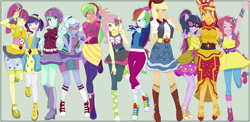 Size: 1292x628 | Tagged: safe, artist:dollfixer, artist:rebeeccadesings, imported from derpibooru, applejack, fluttershy, indigo zap, lemon zest, pinkie pie, rainbow dash, rarity, sci-twi, sour sweet, sugarcoat, sunny flare, sunset shimmer, twilight sparkle, dance magic, equestria girls, spoiler:eqg specials, alternate hairstyle, applejack's hat, base used, baseball cap, belt, boots, cap, clothes, converse, cowboy boots, cowboy hat, cute, disco dress, dress, eyes closed, eyeshadow, female, flamenco dress, freckles, glasses, grin, hat, headphones, high heel boots, humane five, humane six, jacket, looking at you, makeup, mane six, one eye closed, open mouth, pants, ponied up, rapper dash, shadow five, shoes, size difference, skirt, smiling, sneakers, socks, sunset shimmer flamenco dress, sweatpants, vest, wink, zest best dress