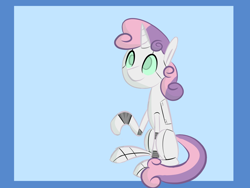 Size: 1600x1200 | Tagged: safe, artist:provolonepone, imported from derpibooru, sweetie belle, pony, robot, robot pony, unicorn, female, filly, foal, hooves, horn, raised hoof, sitting, solo, sweetie bot