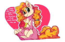 Size: 2300x1500 | Tagged: safe, artist:hiccupsdoesart, deleted from derpibooru, imported from derpibooru, pear butter, earth pony, pony, the perfect pear, blushing, cheek fluff, chest fluff, cute, ear fluff, featured image, female, flower, fluffy, frog (hoof), heart, leg fluff, looking at you, mare, pearabetes, rose, shoulder fluff, simple background, sitting, smiling, solo, underhoof, white background