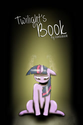 Size: 1000x1500 | Tagged: safe, artist:kamikakushi, imported from derpibooru, twilight sparkle, pony, unicorn, book, bookhorse, dark, fanfic, fanfic art, fanfic cover, female, insanity, mare, messy mane, sad, self ponidox, sitting, that pony sure does love books