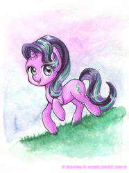 Size: 688x924 | Tagged: safe, artist:mana-kyusai, imported from derpibooru, starlight glimmer, pony, unicorn, female, looking at you, mare, smiling, solo, traditional art, walking, watercolor painting, watermark