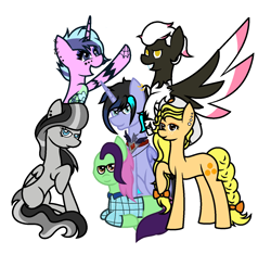 Size: 1412x1324 | Tagged: safe, artist:calibykitty, artist:midnightamber, imported from derpibooru, oc, oc only, oc:drizzle cloud, oc:flora boldbash, oc:maggie pie, oc:moonshine twinkle, oc:orangejack, oc:tammy spears, alicorn, earth pony, pegasus, pony, unicorn, alicorn amulet, alicorn oc, ear piercing, earring, eyeshadow, female, glasses, hat, jewelry, makeup, mane six opening poses, mare, open mouth, piercing, plaid shirt, sidecut, simple background, smiling, tattoo, undercut, white background