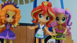 Size: 1280x720 | Tagged: safe, imported from derpibooru, adagio dazzle, fluttershy, sunset shimmer, equestria girls, rainbow rocks, doll, equestria girls minis, eqventures of the minis, female, irl, japanese, merchandise, photo, rainbow rocks outfit, sunset sushi, toy, truck