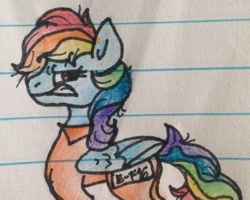 Size: 1710x1371 | Tagged: safe, artist:basicofsketches, imported from derpibooru, rainbow dash, pegasus, pony, b-f16, clothes, female, frustrated, lined paper, mare, prison outfit, prisoner, prisoner rd, solo, traditional art