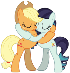 Size: 6881x7179 | Tagged: dead source, safe, artist:ramseybrony17, imported from derpibooru, applejack, coloratura, earth pony, pony, absurd resolution, eyes closed, female, hug, lesbian, mare, rarajack, shipping, simple background, transparent background