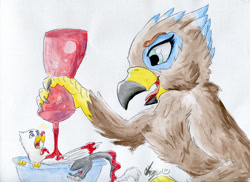 Size: 1000x727 | Tagged: safe, artist:victorydanceofficial, imported from derpibooru, oc, oc only, oc:der, oc:saewin, griffon, bowl, food, foodplay, imminent vore, micro, person as food, sauce