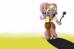 Size: 4500x3000 | Tagged: safe, artist:apuljack, imported from derpibooru, fluttershy, pony, back to back, badass, bipedal, bloodshot eyes, borderlands 2, clothes, duality, female, flutterbadass, gas mask, gradient background, krieg, looking at each other, mask, pants, psycho, scar, self ponidox, solo, weapon