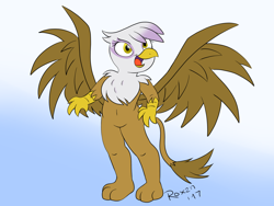 Size: 1600x1200 | Tagged: safe, artist:roxenmaratoun, imported from derpibooru, gilda, griffon, bipedal, female, gradient background, open mouth, signature, solo, spread wings, wings