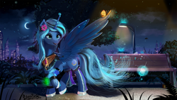 Size: 1920x1080 | Tagged: safe, artist:discordthege, imported from derpibooru, oc, oc only, oc:moonlight silk, alicorn, butterfly, pony, alicorn oc, bench, building, city, clothes, crescent moon, female, flower, flower in hair, lidded eyes, mare, moon, night, not luna, smiling, solo