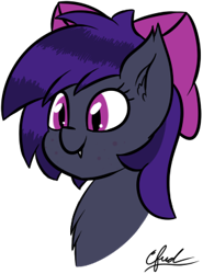 Size: 274x371 | Tagged: safe, artist:seafooddinner, imported from derpibooru, oc, oc only, oc:night noises, bat pony, pony, bow, bust, chest fluff, clothes, cute, freckles, signature, simple background, solo, transparent background