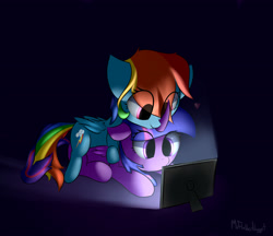 Size: 2900x2500 | Tagged: safe, artist:a8f12, imported from derpibooru, rainbow dash, twilight sparkle, alicorn, pegasus, pony, cuddling, cute, duo, featured image, female, floppy ears, gradient background, heart, ipad, lesbian, mare, on top, prone, shipping, smiling, tablet, transparent mane, twidash, twilight sparkle (alicorn), watching