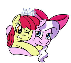 Size: 900x800 | Tagged: dead source, safe, artist:radek1212, imported from derpibooru, apple bloom, diamond tiara, earth pony, pony, accessory swap, adorabloom, apple bloom's bow, bow, cute, diamondbetes, duo, female, filly, friendship, hair bow, hug, jewelry, just friends, ribbon, simple background, tiara, tsundere, white background