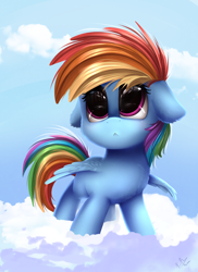 Size: 2550x3509 | Tagged: safe, artist:pridark, imported from derpibooru, rainbow dash, pegasus, pony, cloud, cute, dashabetes, female, filly, floppy ears, mare, sky, solo, younger