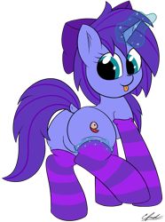 Size: 828x1115 | Tagged: safe, artist:seafooddinner, imported from derpibooru, oc, oc only, oc:seafood dinner, pony, unicorn, bow, butt, clothes, cute, female, magic, mare, plot, signature, simple background, socks, striped socks, transparent background