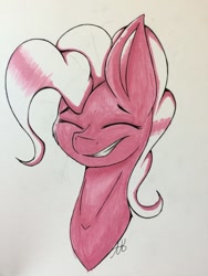 Size: 1024x1365 | Tagged: safe, artist:pinkdolphin147, imported from derpibooru, pinkie pie, pony, bust, copic, eyes closed, female, marker drawing, portrait, simple background, smiling, solo, traditional art, white background