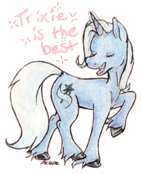 Size: 1920x2336 | Tagged: safe, artist:azkre, imported from derpibooru, trixie, pony, unicorn, best pony, eyes closed, female, fluffy, mare, open mouth, raised hoof, raised leg, simple background, smiling, solo, traditional art, transparent background, unshorn fetlocks